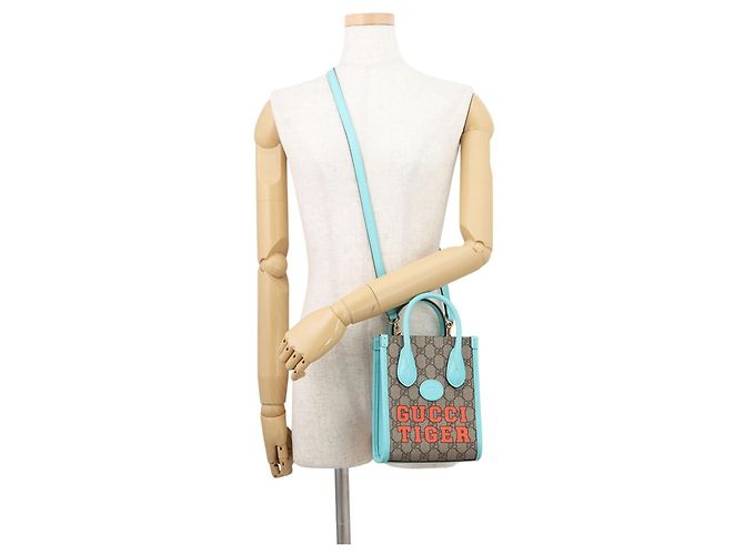 Borsa Gucci Interlocking G Tiger GG Supreme Beige Arancione Blu chiaro - vista 5