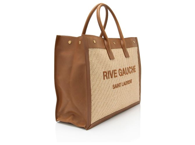 Tote Large Rive Gauche in Raffia e Pelle di Vitello Saint Laurent Marrone - vista 2