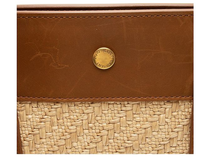Tote Large Rive Gauche in Raffia e Pelle di Vitello Saint Laurent Marrone - vista 9