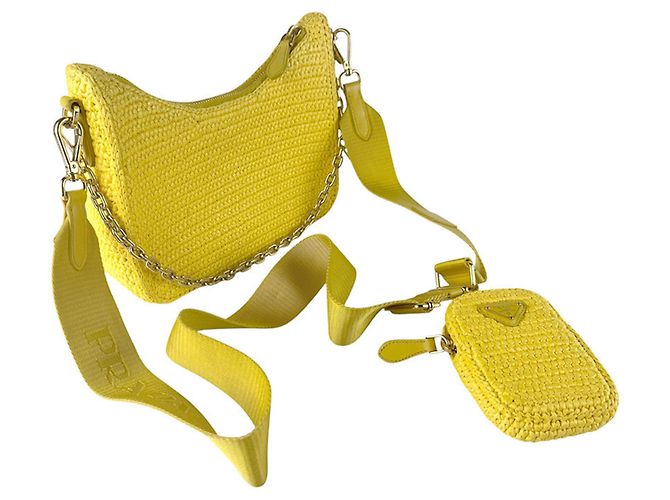 Borsa a tracolla in rafia gialla Prada Giallo - vista 11