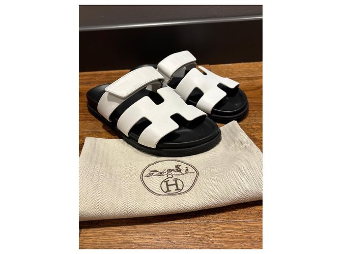 Hermès Chypre Leder Sandalen Weiß 39 Schwarz - Ansicht 11