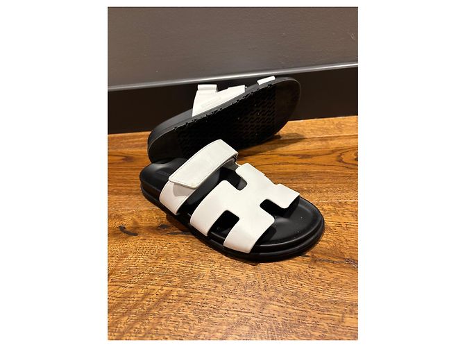 Hermès Chypre Leder Sandalen Weiß 39 Schwarz - Ansicht 8