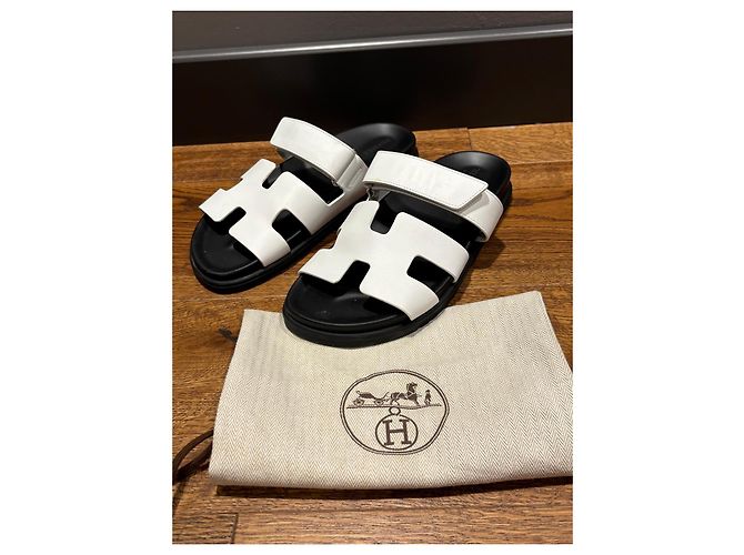 Hermès Chypre Leder Sandalen Weiß 39 Schwarz - Ansicht 9