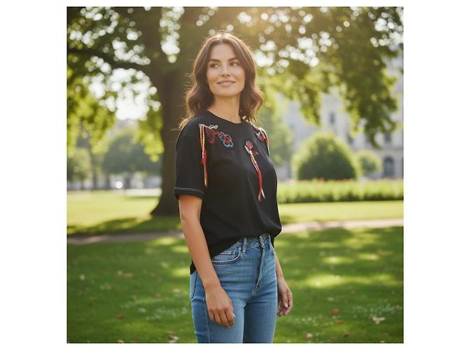 Sonia Rykiel Paris Camiseta de algodón negro bordada floral con flecos - XL - vista 10
