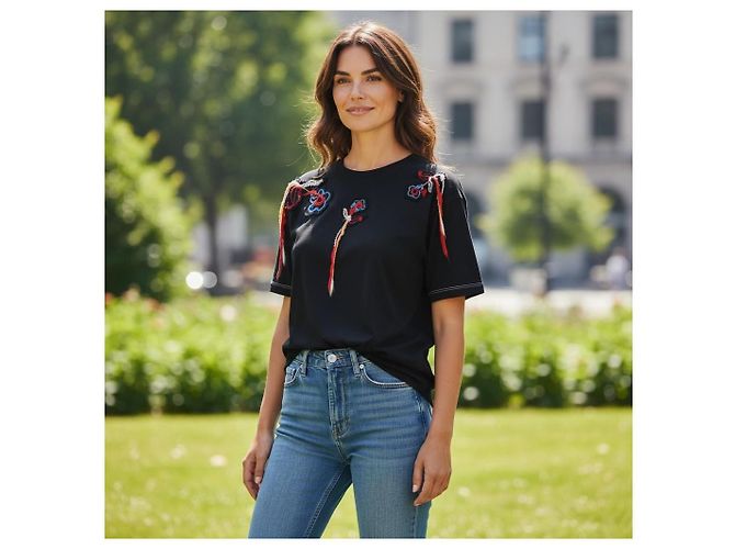Sonia Rykiel Paris Camiseta de algodón negro bordada floral con flecos - XL - vista 2