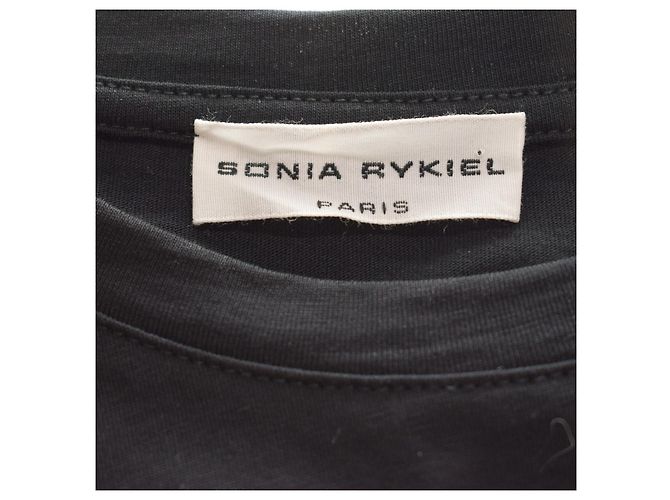 Sonia Rykiel Paris Camiseta de algodón negro bordada floral con flecos - XL - vista 4