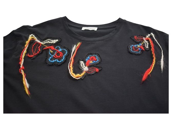 Sonia Rykiel Paris Camiseta de algodón negro bordada floral con flecos - XL - vista 7