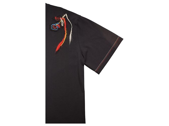 Sonia Rykiel Paris Camiseta de algodón negro bordada floral con flecos - XL - vista 8