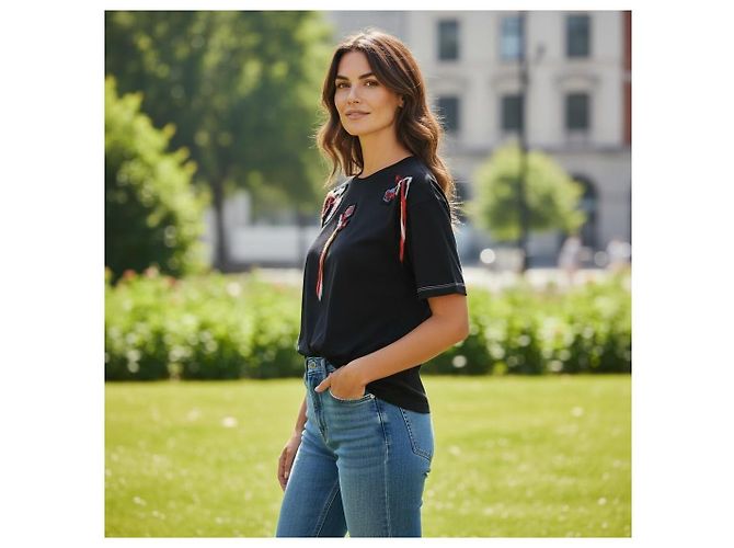 Sonia Rykiel Paris Camiseta de algodón negro bordada floral con flecos - XL - vista 9