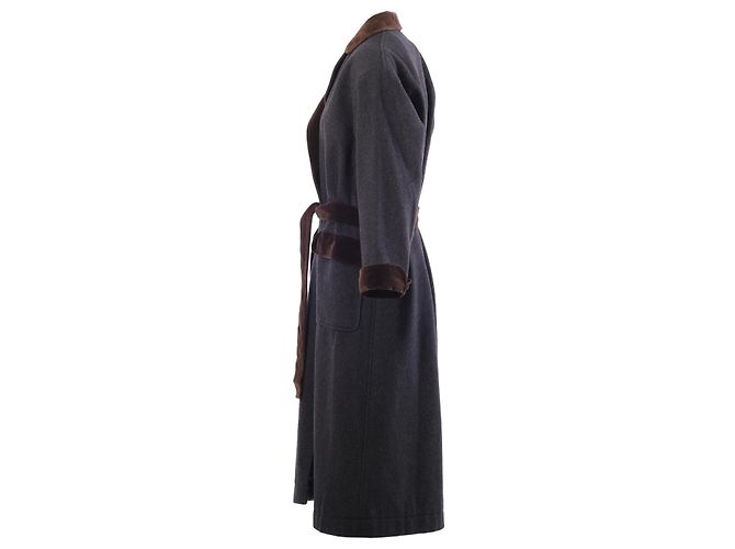 Yves Saint Laurent Abrigo de lana Saint Laurent Rive Gauche Paris con ribete de terciopelo – '70s Gris Burdeos - vista 2