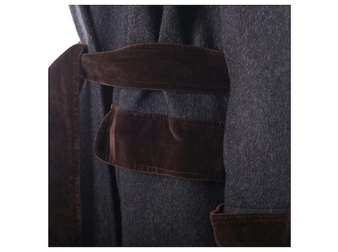 Yves Saint Laurent Abrigo de lana Saint Laurent Rive Gauche Paris con ribete de terciopelo – '70s Gris Burdeos - vista 5