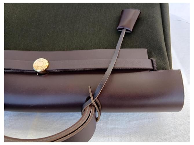 Borsa Hermès Herbag in tela e pelle marrone Verde - vista 7