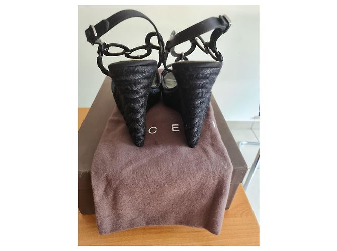 Céline Sandali con zeppa neri in pelle e corda con anelli metallizzati Nero Metallico - vista 4