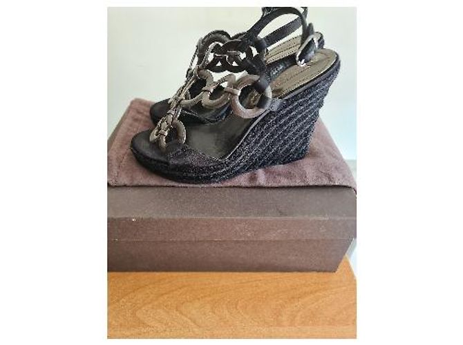 Céline Sandali con zeppa neri in pelle e corda con anelli metallizzati Nero Metallico - vista 7