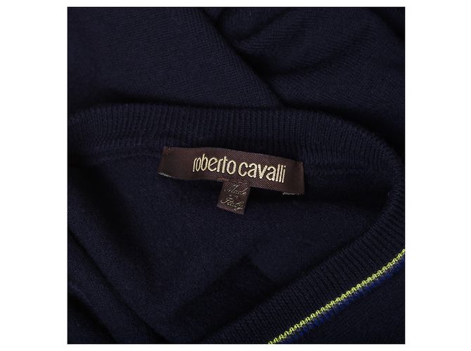 Klassischer V-Ausschnitt Wollpullover mit Roberto Cavalli Logo Blau - Ansicht 6