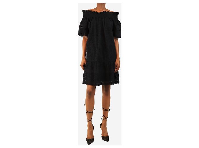 Needle & Thread Navy Mini-Kleid mit Broderie Anglaise und Off-Shoulder-Ausschnitt - Größe UK 8 Marineblau - Ansicht 3