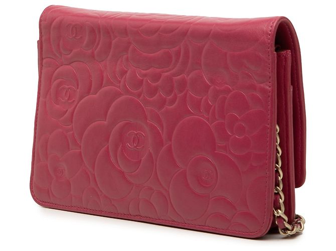 Wallet On Chain Portafoglio con catena Chanel in agnello con stampa CC rosa e camelia - vista 2