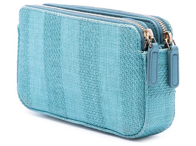 Clutch Chanel Blue Raffia Deauville Double Zip con Catena Blu chiaro - vista 2
