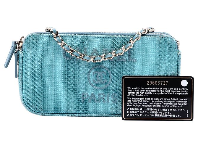 Clutch Chanel Blue Raffia Deauville Double Zip con Catena Blu chiaro - vista 7