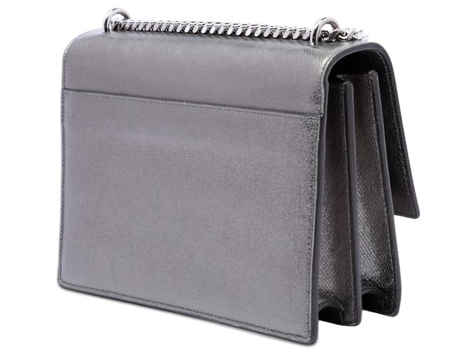 Saint Laurent Umhängetasche Monogram Sunset aus silberfarbenem Metallic-Kalbsleder, Größe Medium - Ansicht 2