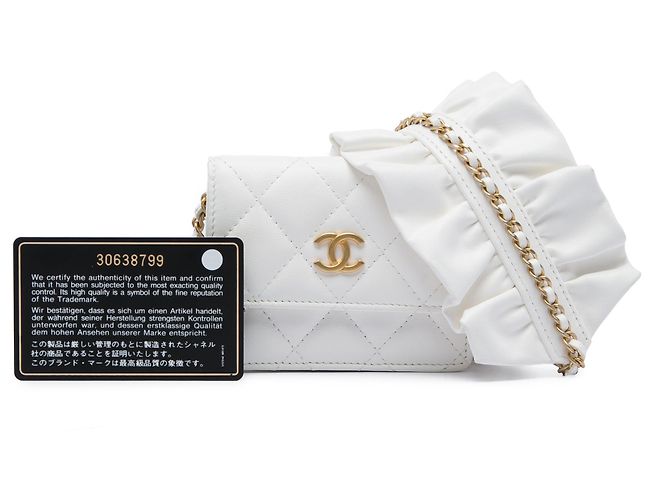 Tarjetero Chanel Romance en piel de cordero acolchada blanco con cadena - vista 7