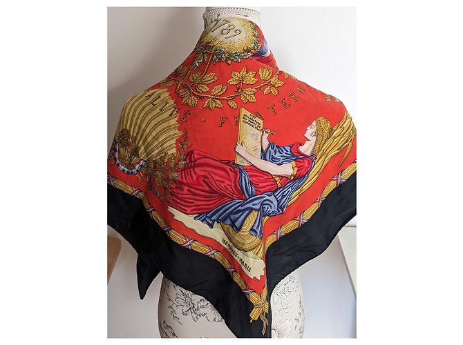 Carré Hermès Liberté Égalité Fraternité Foulard Seta 90cm Nero Bianco Rosso Blu Gold hardware - vista 6