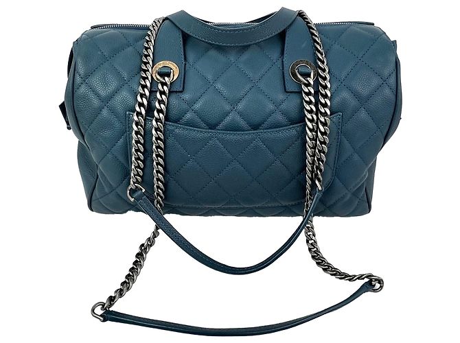 Bolsa Bowling Chanel Quilted Caviar Large Azul Ruthenium - vista 2