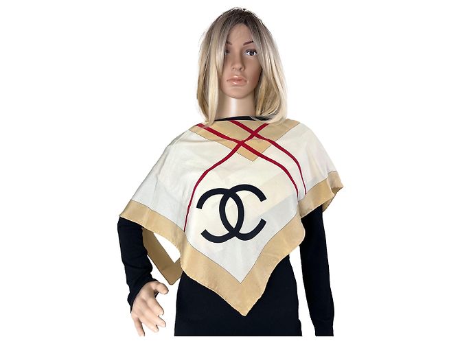 Sciarpa Chanel Beige Black Red Silk Logo Modern Design Bianco - vista 10