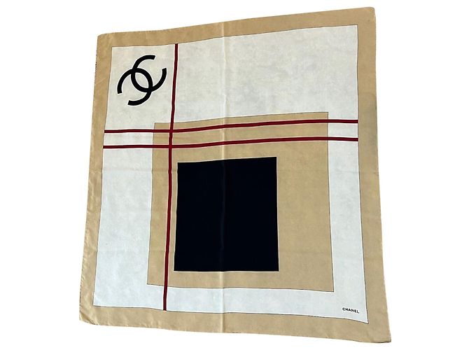 Sciarpa Chanel Beige Black Red Silk Logo Modern Design Bianco - vista 2