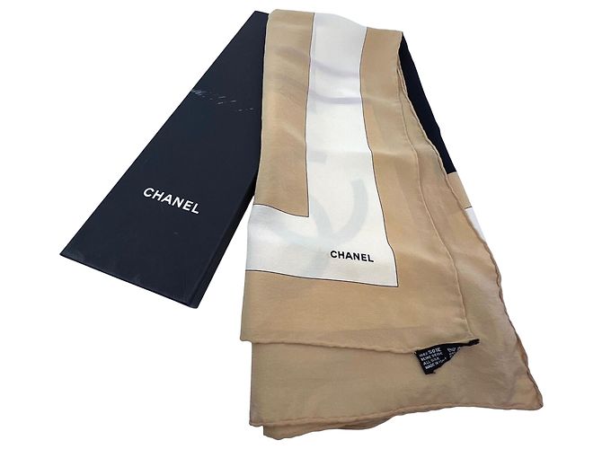 Sciarpa Chanel Beige Black Red Silk Logo Modern Design Bianco - vista 3