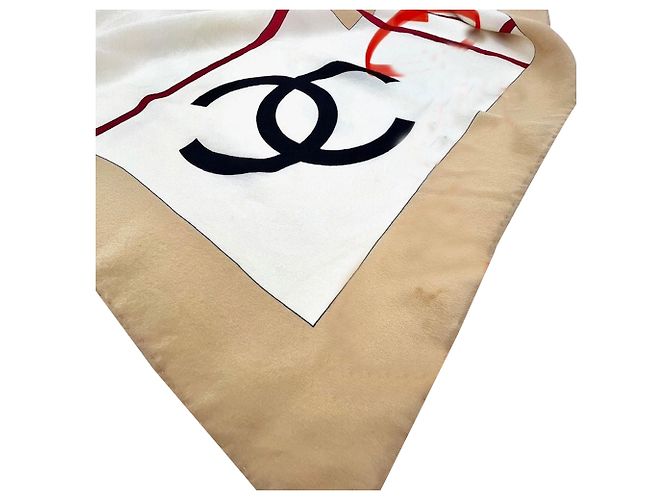 Sciarpa Chanel Beige Black Red Silk Logo Modern Design Bianco - vista 6