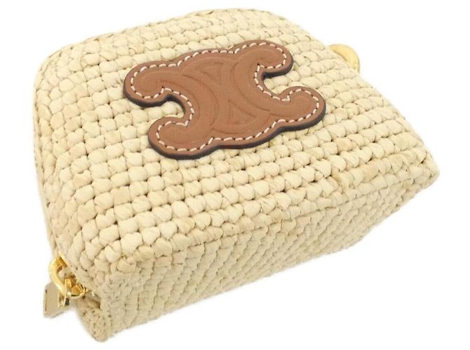 Céline Celine Portachiavi in pelle di vitello e rafia Marrone Beige - vista 3