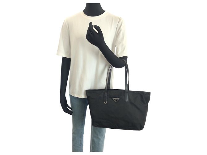 Prada Nylon Leather Tessuto Logo Tote Bag Schwarz - Ansicht 7