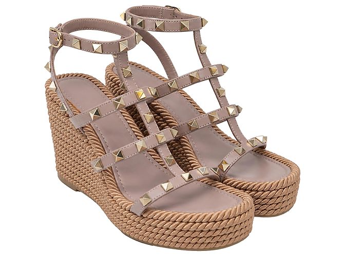Valentino Garavani Espadrilles con zeppa Valentino Rockstud Torchon 105 in pelle rosa Marrone - vista 3