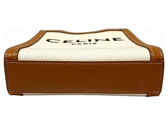 Céline CELINE Mini Vertical Cabas in Pelle di Vitello e Tela Borsa a Spalla Marrone Beige - vista 3