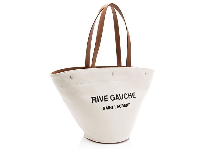 Bolso Tote Trapezoid Rive Gauche de lona y piel de becerro Saint Laurent Castaño Beige - vista 2