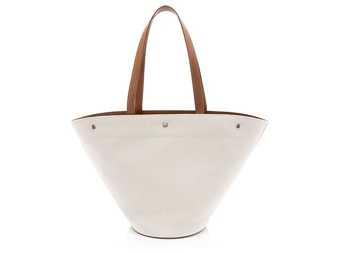 Bolso Tote Trapezoid Rive Gauche de lona y piel de becerro Saint Laurent Castaño Beige - vista 3