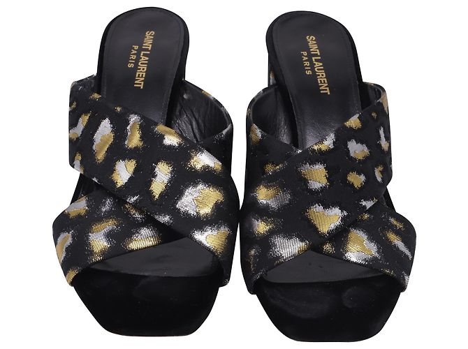 Yves Saint Laurent Saint Laurent gemusterte Mules mit Absatz aus schwarzem Satin - Ansicht 2