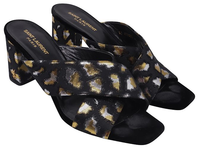 Yves Saint Laurent Saint Laurent gemusterte Mules mit Absatz aus schwarzem Satin - Ansicht 3