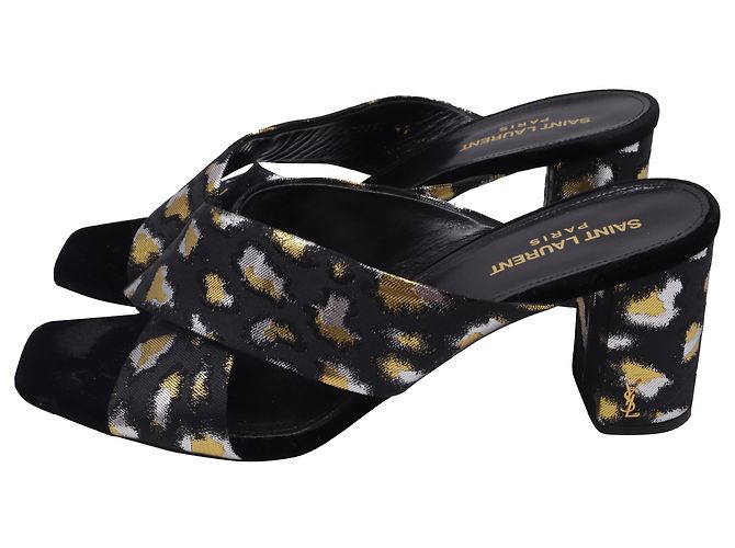 Yves Saint Laurent Saint Laurent gemusterte Mules mit Absatz aus schwarzem Satin - Ansicht 5
