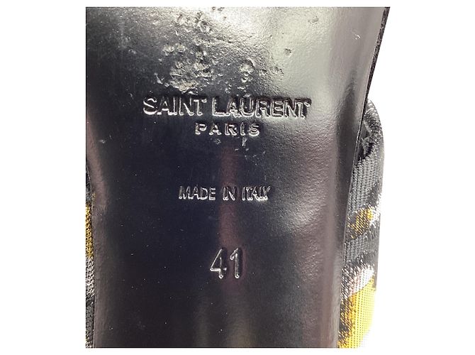 Yves Saint Laurent Saint Laurent gemusterte Mules mit Absatz aus schwarzem Satin - Ansicht 9