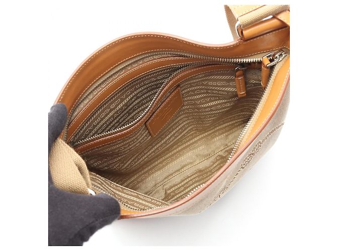 Borsa a tracolla in tela jacquard LOGO Prada e pelle Marrone Beige - vista 3