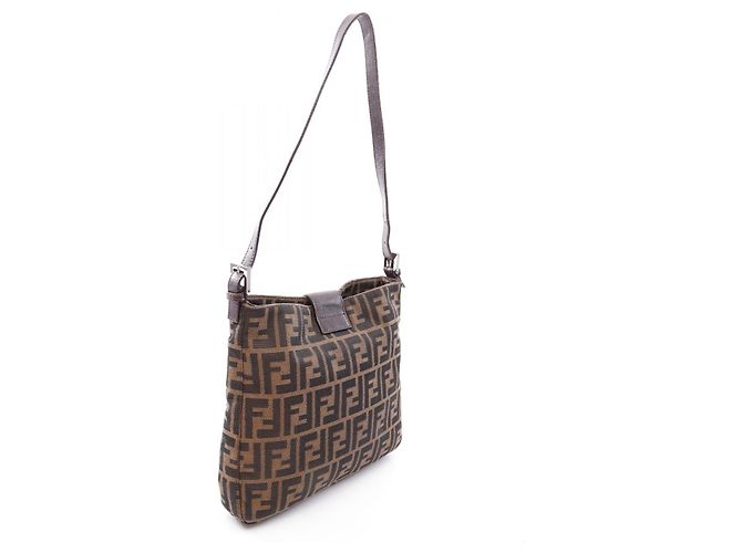 Borsa a tracolla in pelle e tela Zucca Fendi Marrone - vista 2