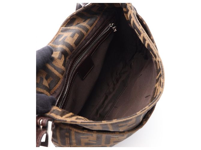Borsa a tracolla in pelle e tela Zucca Fendi Marrone - vista 3