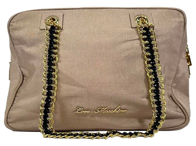 Borsa a tracolla con catena Love Moschino in cotone rosa - vista 3