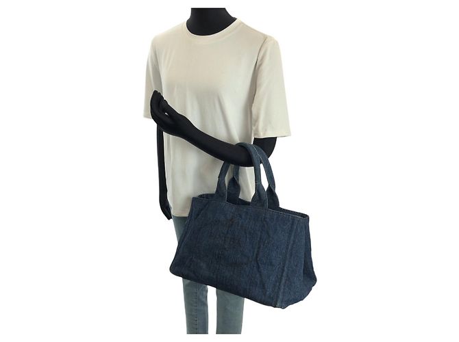 Borsa Tote PRADA Canapa Denim Blu - vista 7