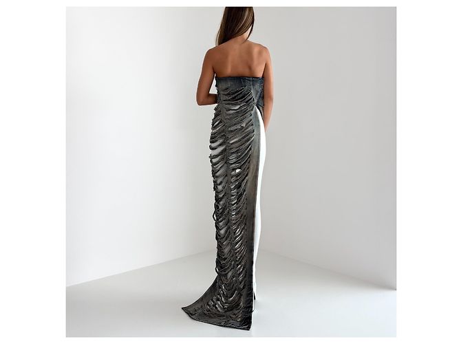 NUEVO Rick Owens FW23 Luxor Runway Distressed Denim Asymmetric Maxi Top Azul Gris - vista 11