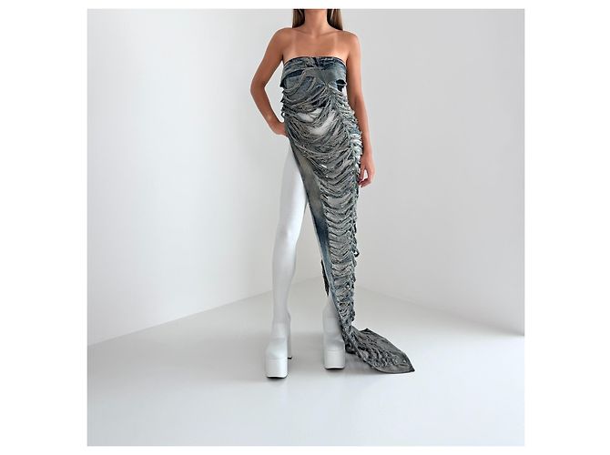 NUEVO Rick Owens FW23 Luxor Runway Distressed Denim Asymmetric Maxi Top Azul Gris - vista 2