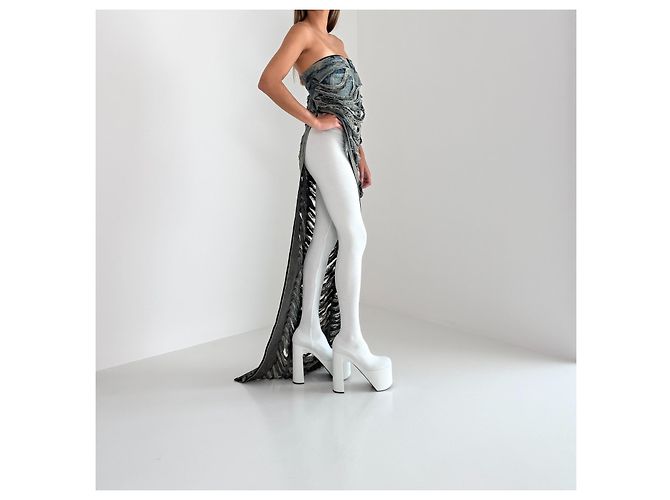NUEVO Rick Owens FW23 Luxor Runway Distressed Denim Asymmetric Maxi Top Azul Gris - vista 5