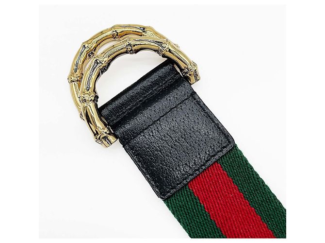 Gürtel Gucci Web Stripe Ring Bamboo Buckle Belt Rot Golden Grün - Ansicht 3